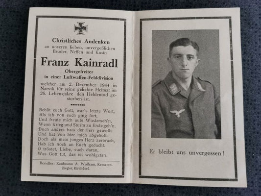 Sterbebild Obergefreiter Luftwaffen Felddivision Narvik Norwegen - www.mmilitaria.com