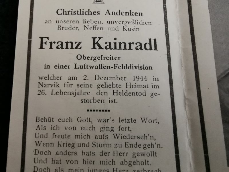 Sterbebild Obergefreiter Luftwaffen Felddivision Narvik Norwegen - www.mmilitaria.com
