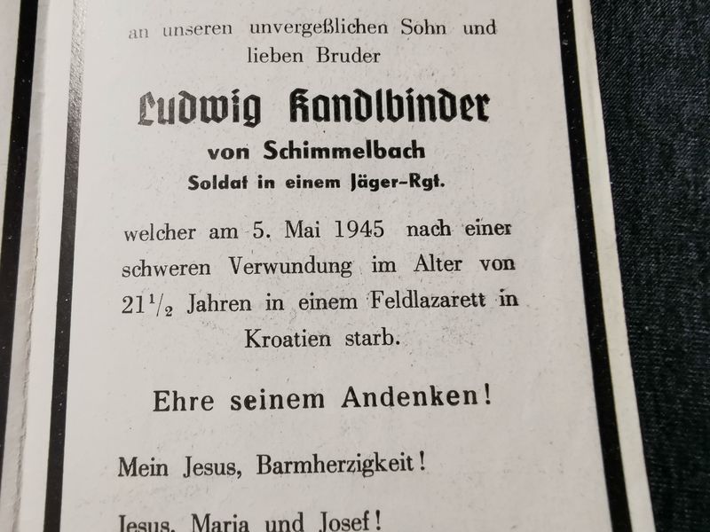 Sterbebild Soldat Schimmelbach Jäger Regiment Letzte Kriegstage Endkampf Kroatien - www.mmilitaria.com