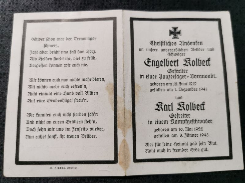 Sterbebild Brüder Gefreiter 1. Komp. Panz. Aufkl. Abt. 92 Gefreiter 11. Staffel Kampfgeschwader 53 Orleans Frankreich - www.mmilitaria.com
