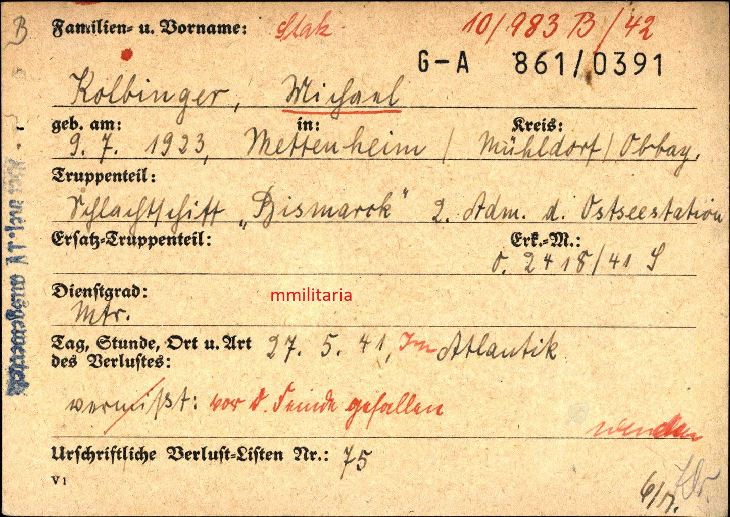 Sterbebild Matrose Schlachtschiff "Bismarck" 2. Adm. D. Ostseestation Atlantik HMS Dorsetshire - www.mmilitaria.com