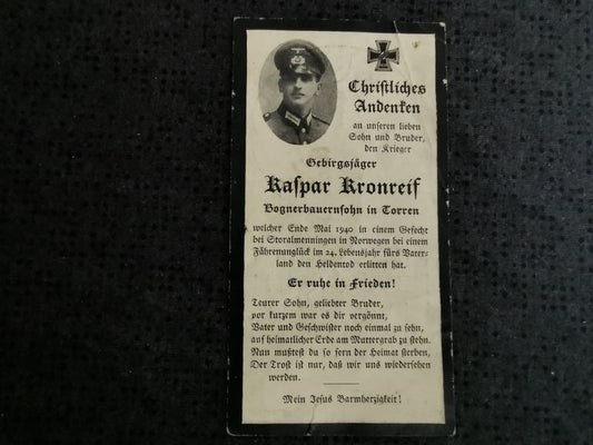 Sterbebild Oberjäger 9. Geb. Jäg. Regt. 137 Storalmenningen Trondheim-Havstein Norwegen - www.mmilitaria.com