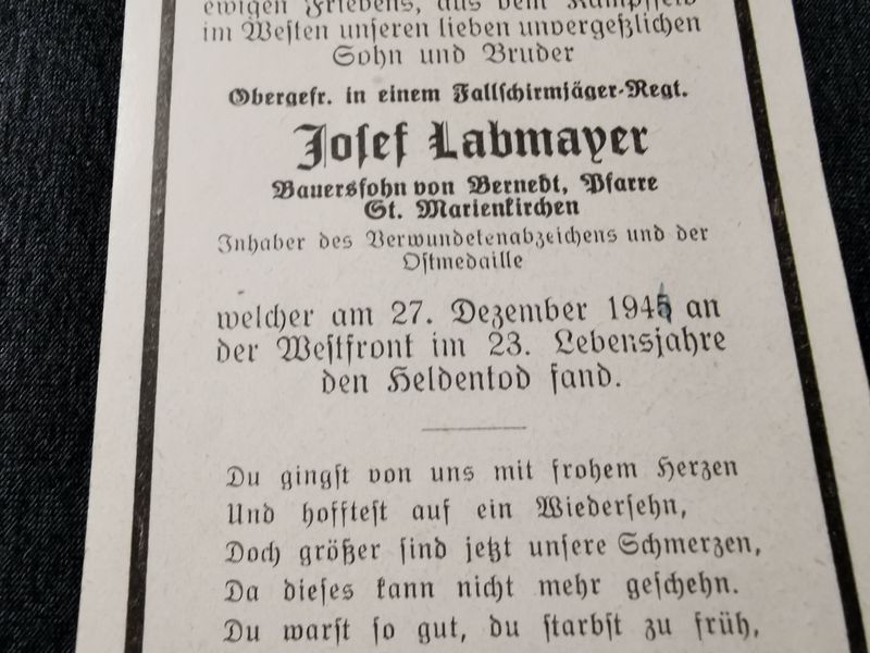Sterbebild Obergefreiter Fallschirmjäger Regt. Westfront Geilenkirchen Deutschland - www.mmilitaria.com