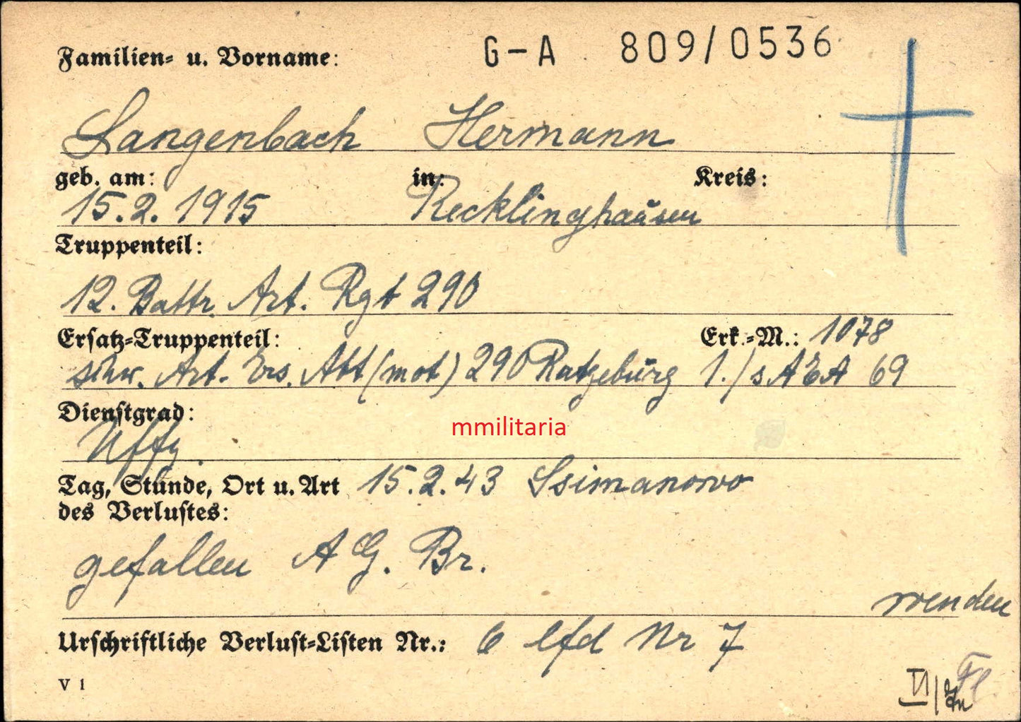 Sterbebild Unteroffizier Katzwinkel 12. Battr. Art. Regt 290 EK II südlich Ilmensee Russland - www.mmilitaria.com
