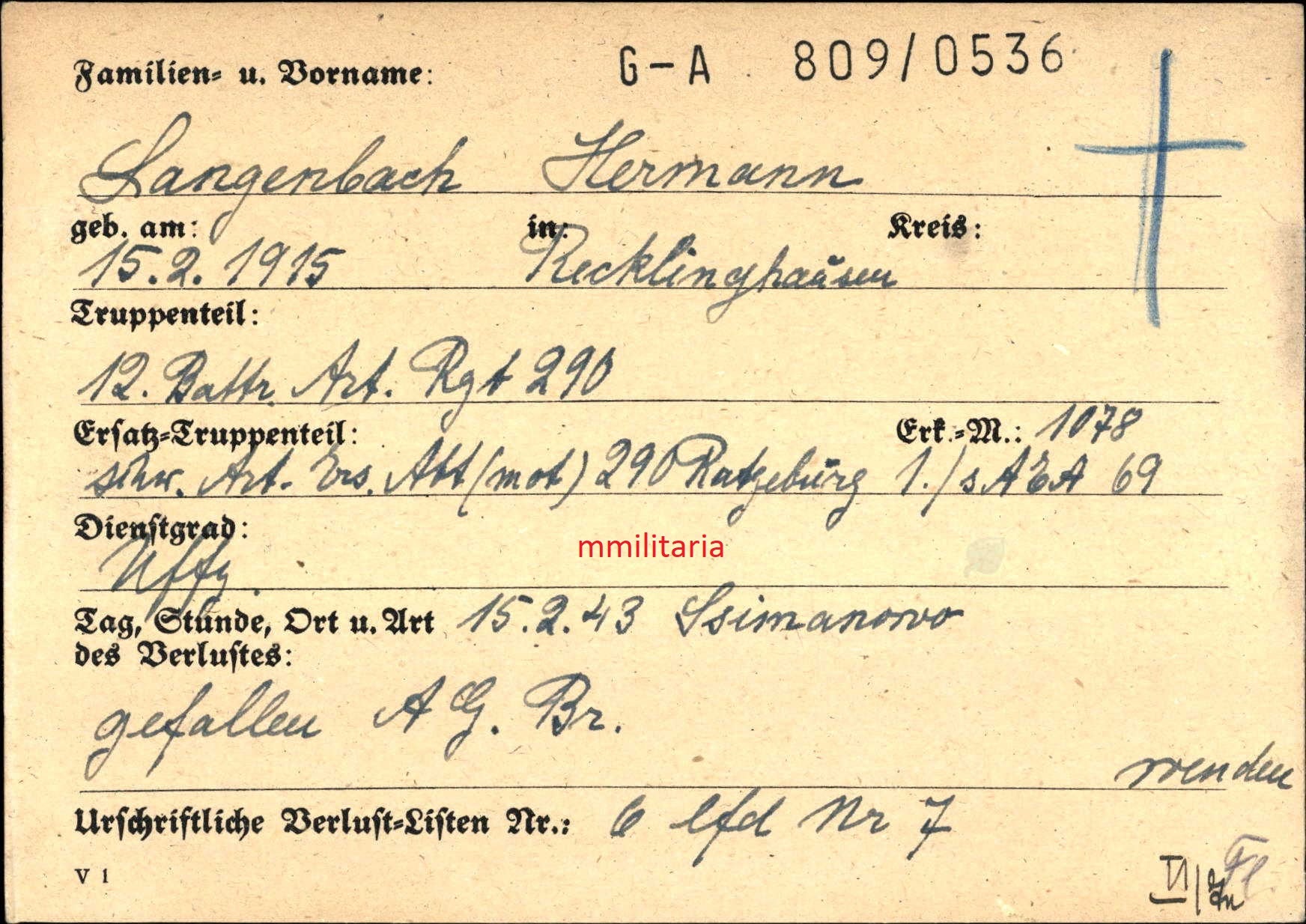 Sterbebild Unteroffizier Katzwinkel 12. Battr. Art. Regt 290 EK II südlich Ilmensee Russland - www.mmilitaria.com