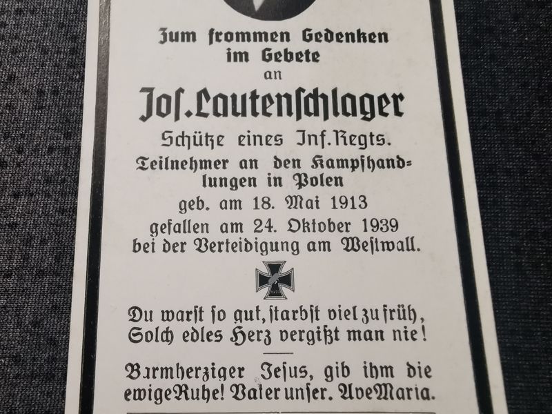 Sterbebild Schütze 7. Komp. Inf. Regt. 186 Westwall 1939 Westfront Friedrichsweiler Saargebiet - www.mmilitaria.com