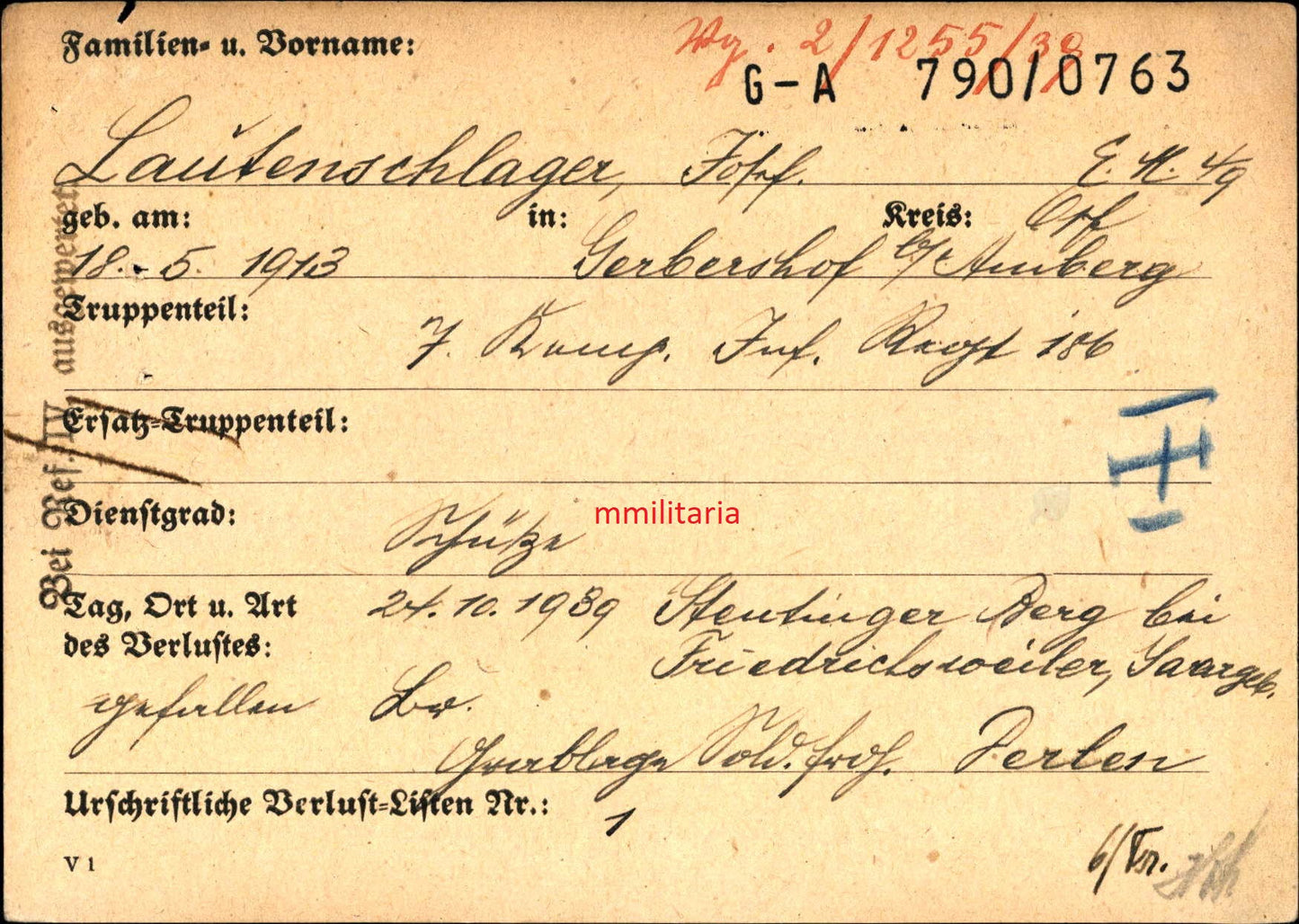 Sterbebild Schütze 7. Komp. Inf. Regt. 186 Westwall 1939 Westfront Friedrichsweiler Saargebiet - www.mmilitaria.com