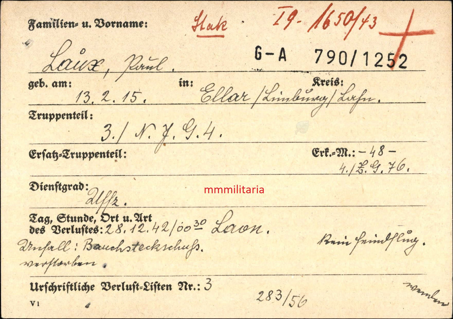 Sterbebild Unteroffizier O.A. 3. Nachtschlachtgeschwader 4 3./NJG-4 Laon Westen Frankreich - www.mmilitaria.com