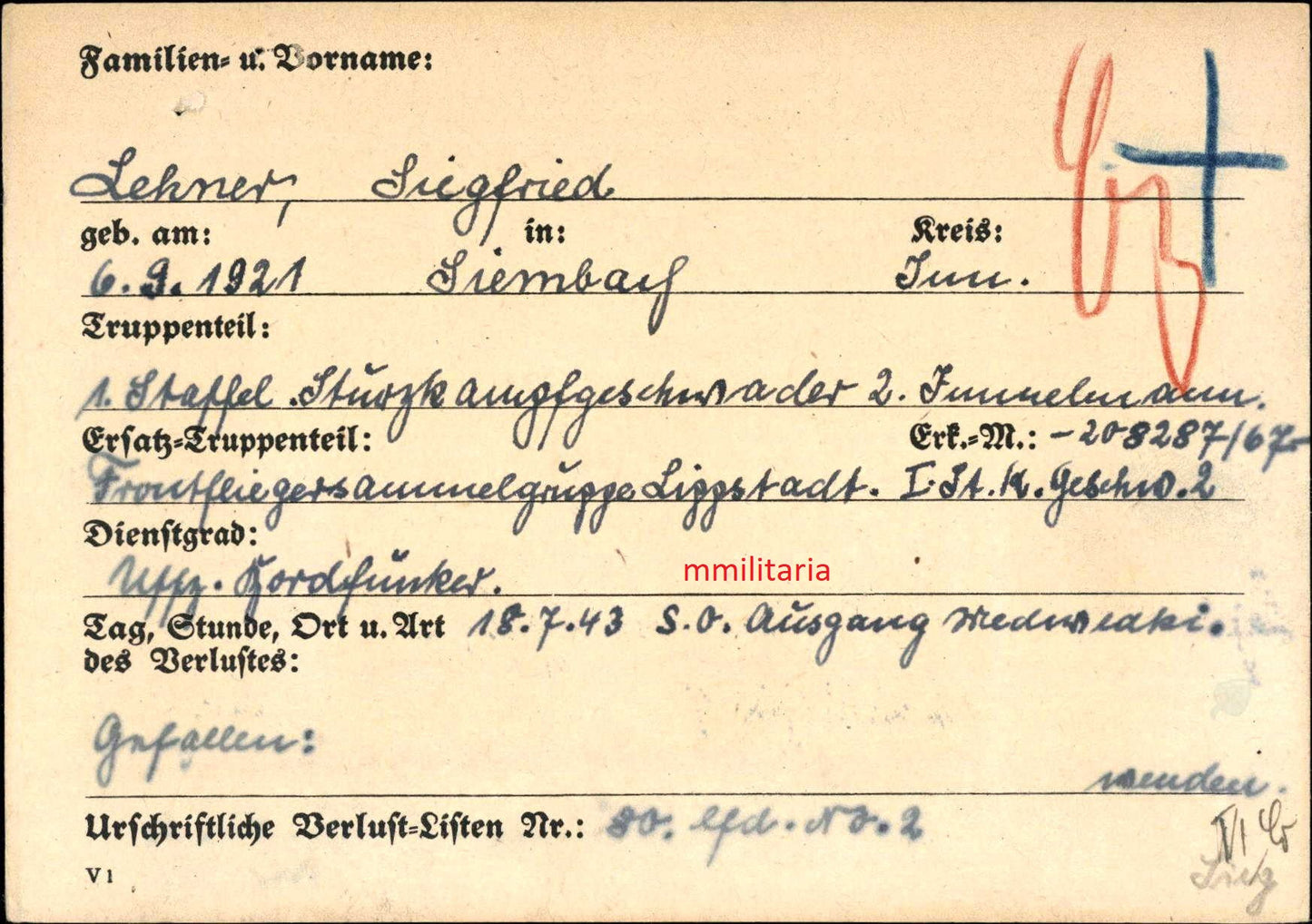 Sterbebild Unteroffizier Simbach Bordfunker 1. Staffel Sturzkampfgeschwader 2 "Immelmann" Versch. Auszeichnungen Medwedki Russland - www.mmilitaria.com