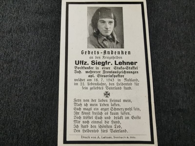 Sterbebild Unteroffizier Simbach Bordfunker 1. Staffel Sturzkampfgeschwader 2 "Immelmann" Versch. Auszeichnungen Medwedki Russland - www.mmilitaria.com