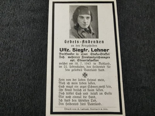 Sterbebild Unteroffizier Simbach Bordfunker 1. Staffel Sturzkampfgeschwader 2 "Immelmann" Versch. Auszeichnungen Medwedki Russland - www.mmilitaria.com