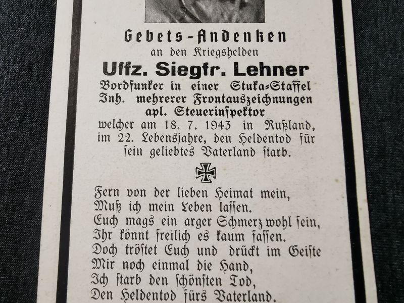 Sterbebild Unteroffizier Simbach Bordfunker 1. Staffel Sturzkampfgeschwader 2 "Immelmann" Versch. Auszeichnungen Medwedki Russland - www.mmilitaria.com