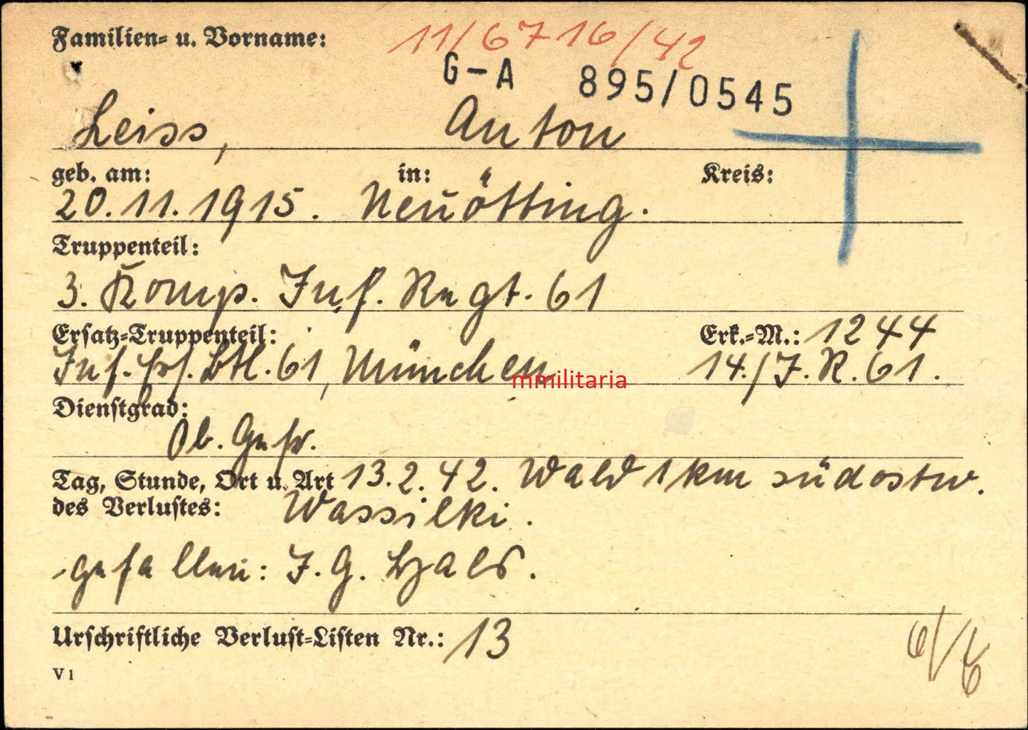 Sterbebild Obergefreiter 3. Komp. Inf. Regt. 61 Wasiliki Russland - www.mmilitaria.com