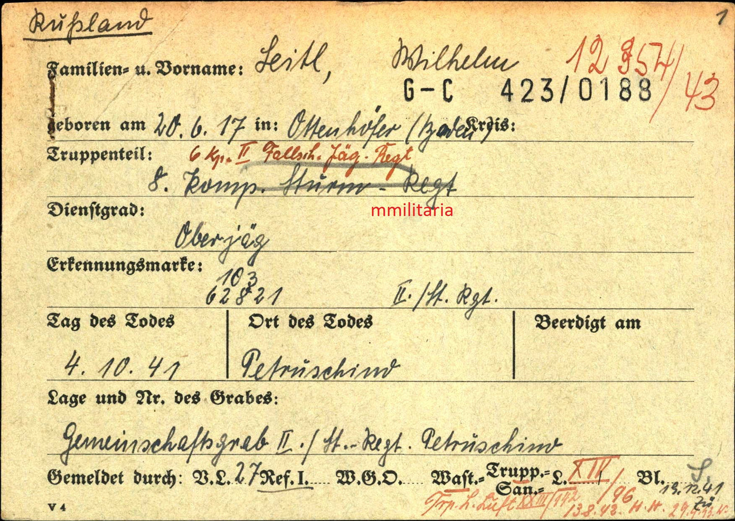 Sterbebild Unteroffizier 6. Komp. Fallschirmjäger Regt. 2 EK I & II Petruschino Russland - www.mmilitaria.com
