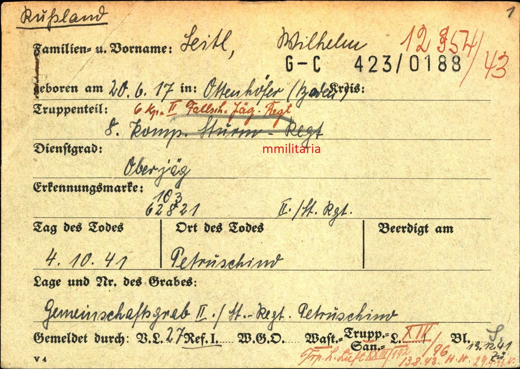 Sterbebild Unteroffizier 6. Komp. Fallschirmjäger Regt. 2 EK I & II Petruschino Russland - www.mmilitaria.com
