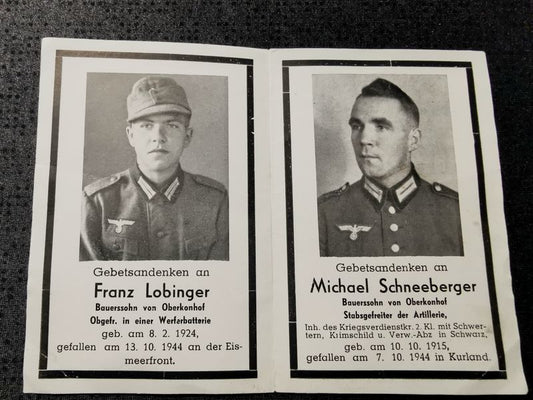 Sterbebild 2 x Obergefreiter Oberkonhof Werferbatterie Eismeerfront Lizabucht Stabsgefreiter Artillerie Krimschild Kurland Linglauci Litauen - www.mmilitaria.com