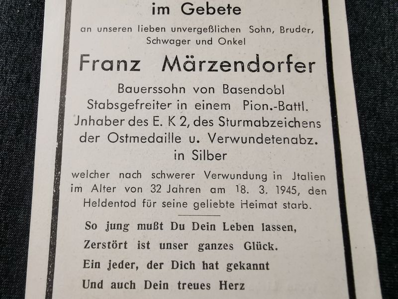 Sterbebild Stabsgefreiter Basendobl Pionier Btl. Endkampf EK II Sturmabzeichen Futa-Pass Italien - www.mmilitaria.com