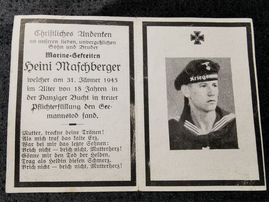 Sterbebild Marine Gefreiter 18 Jahre Seemannstod Danziger Bucht Polen - www.mmilitaria.com