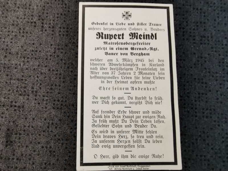 Sterbebild Matrosen Obergefreiter Bergham Grenadier Regt. schwere Abwehrkämpfe Kurland Autz Saldus Lettland - www.mmilitaria.com