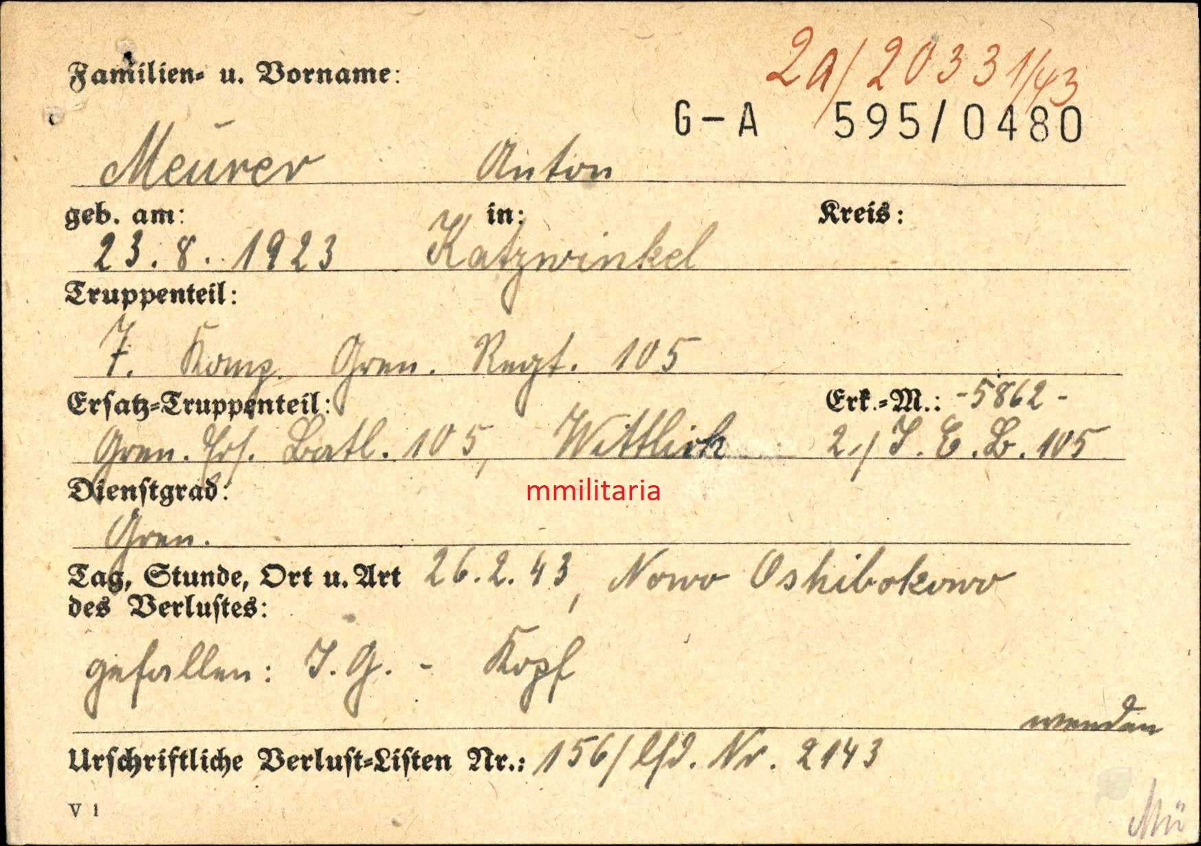 Sterbebild Grenadier Katzwinkel 7. Komp. Gren. Regt. 105 Nowo Oshibokowo Rshew Russland - www.mmilitaria.com