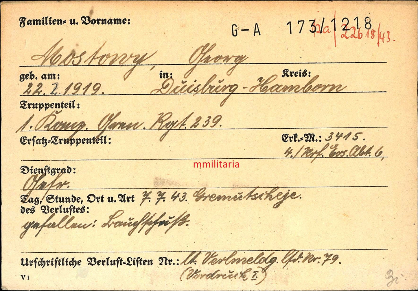 Sterbebild Gefreiter 1. Komp. Gren. Regt. 239 Gremutschje Russland - www.mmilitaria.com
