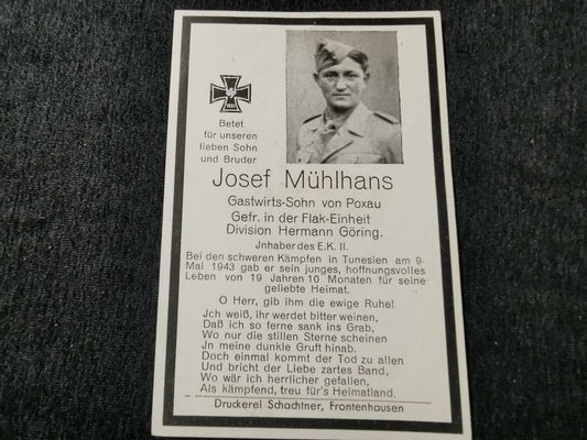 Sterbebild Gefreiter Flak Einheit "Hermann Göring" DAK Bordj Cedria Tunesien Afrika - www.mmilitaria.com