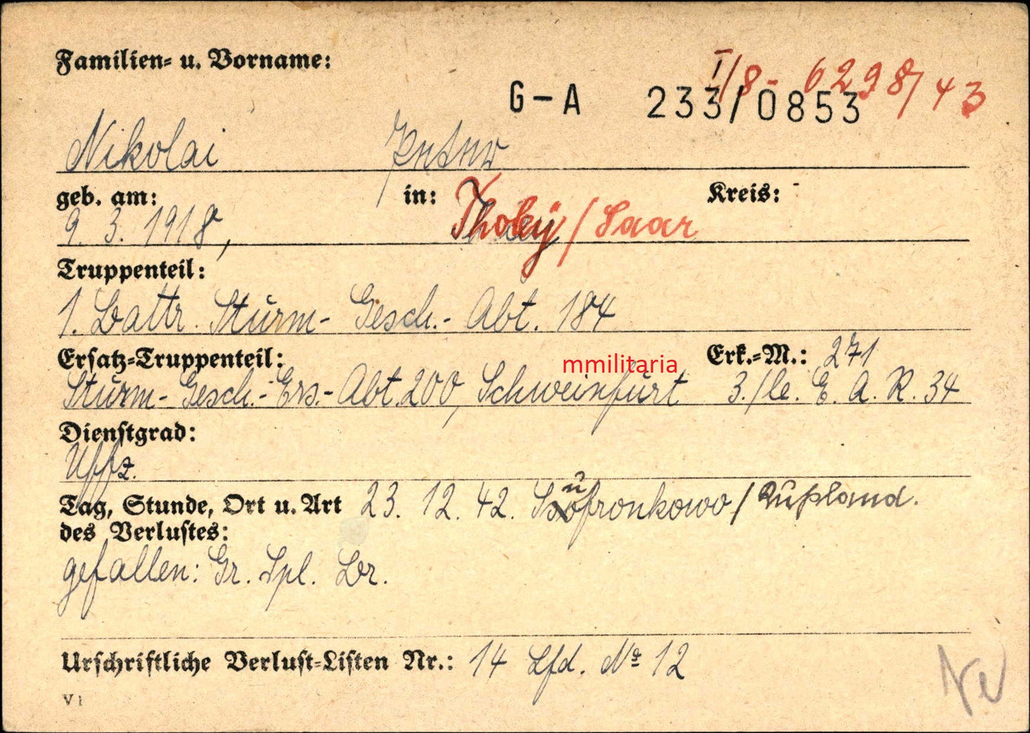 Sterbebild Unteroffizier Theley 1. Batterie Sturm-Geschütz-Abt 184 Ilmensee Russland - www.mmilitaria.com