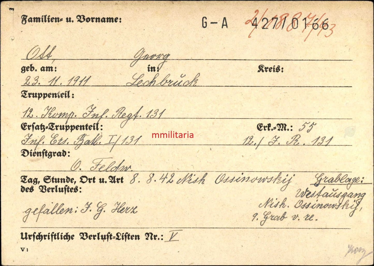 Sterbebild Oberfeldwebel Lechbruck Zugführer 12. Komp. Inf. Regt. 131 Nish-Ossinowsky Russland - www.mmilitaria.com
