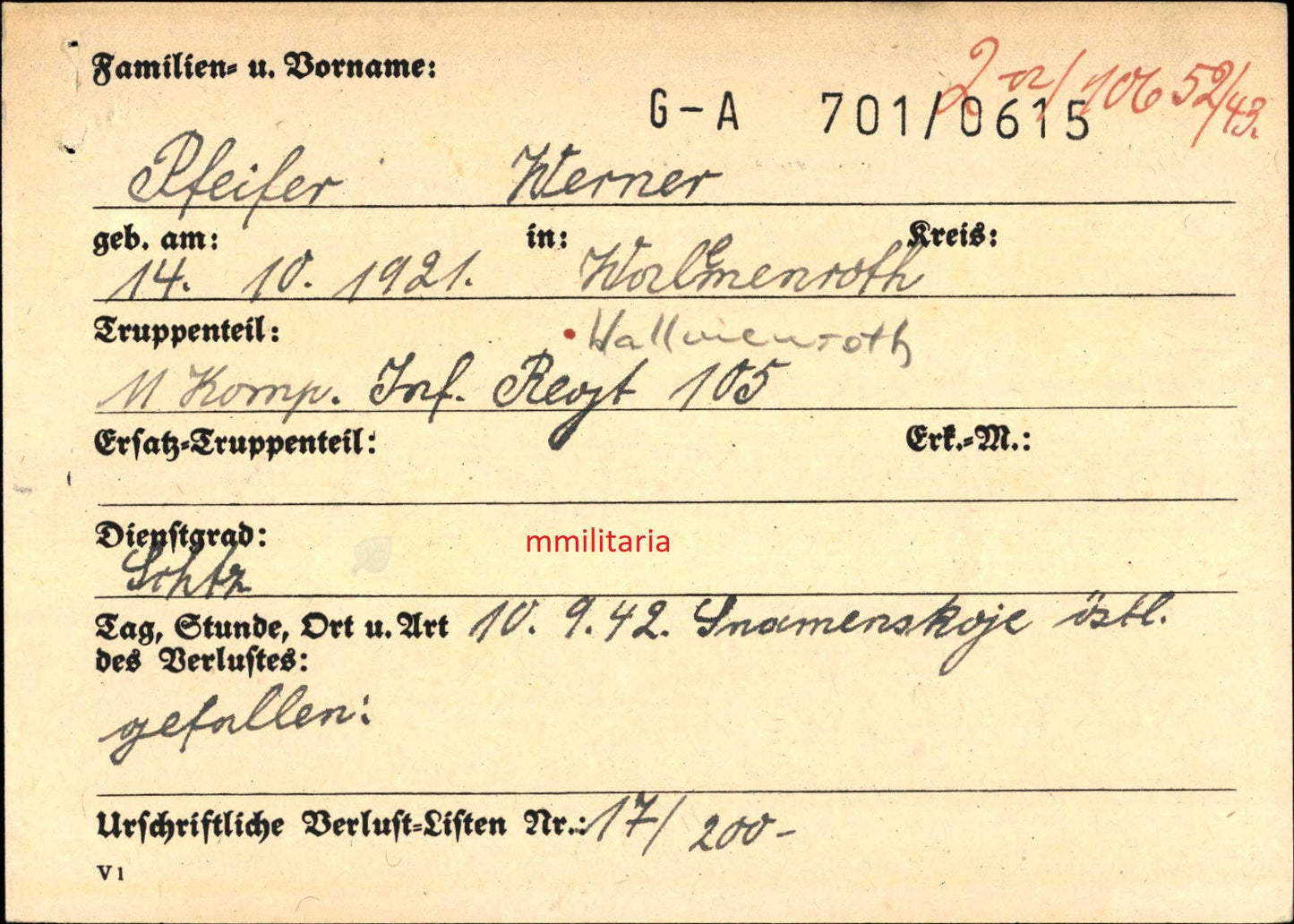 Sterbebild Schütze Wallmenroth 11. Komp. Inf. Regt. 105 schwere Abwehrkämpfe Snamenskoje Rshew Russland - www.mmilitaria.com