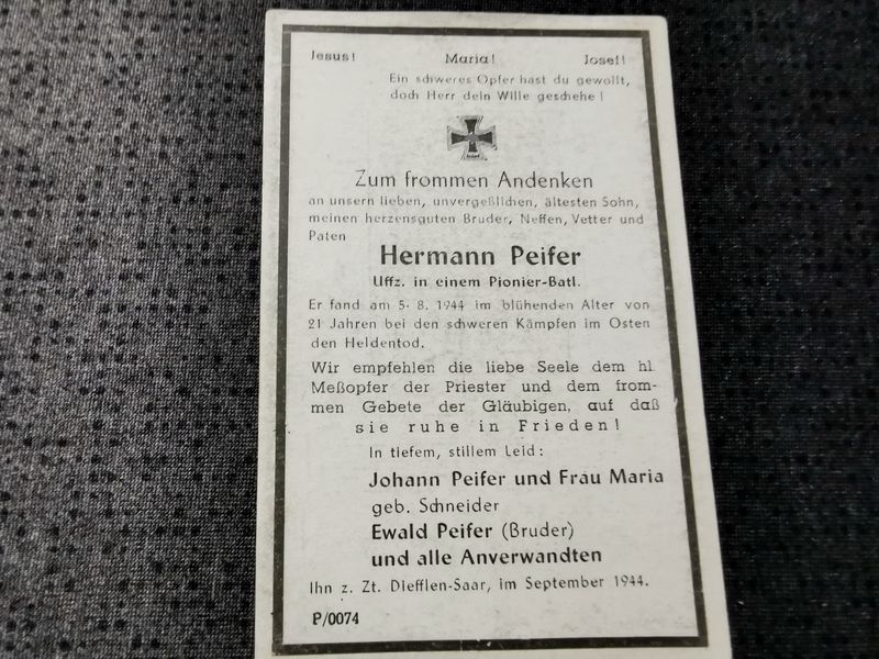 Sterbebild Unteroffizier Diefflen Pionier Btl. Tehsnares Riga Beberbeki Lettland - www.mmilitaria.com