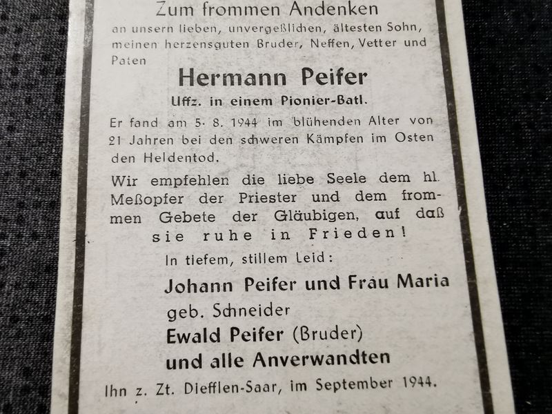 Sterbebild Unteroffizier Diefflen Pionier Btl. Tehsnares Riga Beberbeki Lettland - www.mmilitaria.com