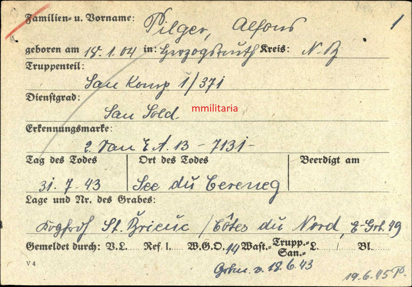 Sterbebild Sanitäter San. Komp. 1/371 St. Brieux See Du Caronca Frankreich - www.mmilitaria.com