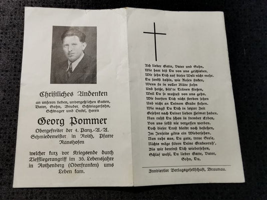 Sterbebild Obergefreiter Roith 4. Panzer Aufklärungs Abt. Endkampf Tieffliegerangriff Rothenberg Oberfranken - www.mmilitaria.com