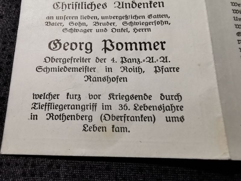Sterbebild Obergefreiter Roith 4. Panzer Aufklärungs Abt. Endkampf Tieffliegerangriff Rothenberg Oberfranken - www.mmilitaria.com