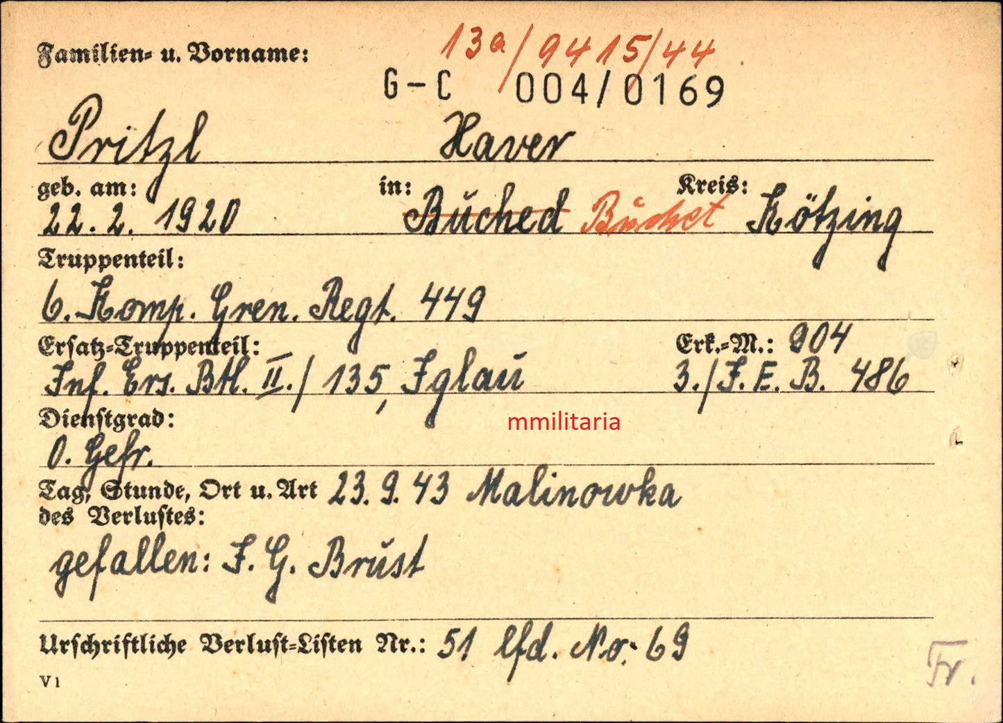 Sterbebild Obergefreiter 6. Komp. Gren. Regt. 449 Malinowka Russland - www.mmilitaria.com
