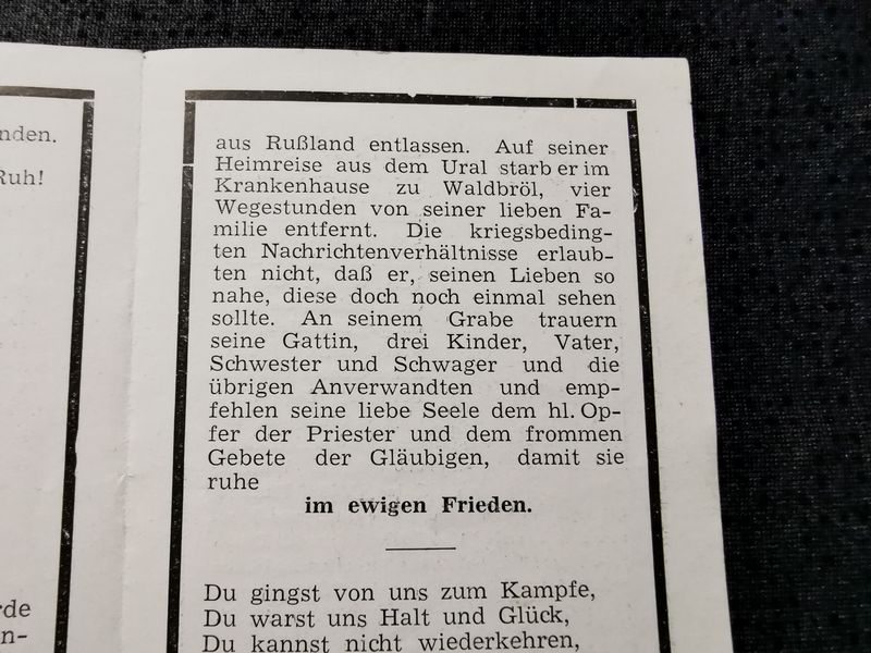 Sterbebild Gefreiter Kriegsgefangenschaft Ural Heimkehrer Waldbröl Deutschland - www.mmilitaria.com