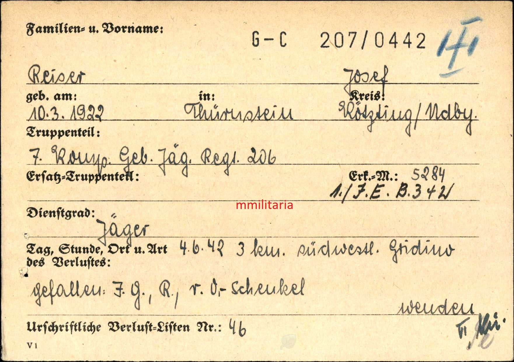 Sterbebild Jäger 7. Komp. Gebirgs Jäger Regt. 206 Waldgefecht Gridino Russland - www.mmilitaria.com
