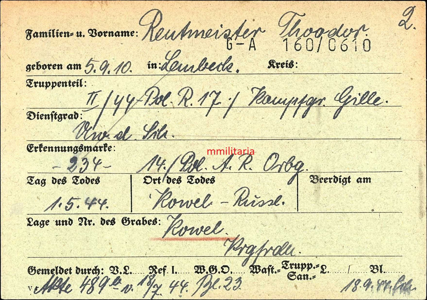 Sterbebild Unterwachtmeister Lembeck II/SS Polizei Regt. 17 "Kampfgruppe Gille" Kowel Russland - www.mmilitaria.com