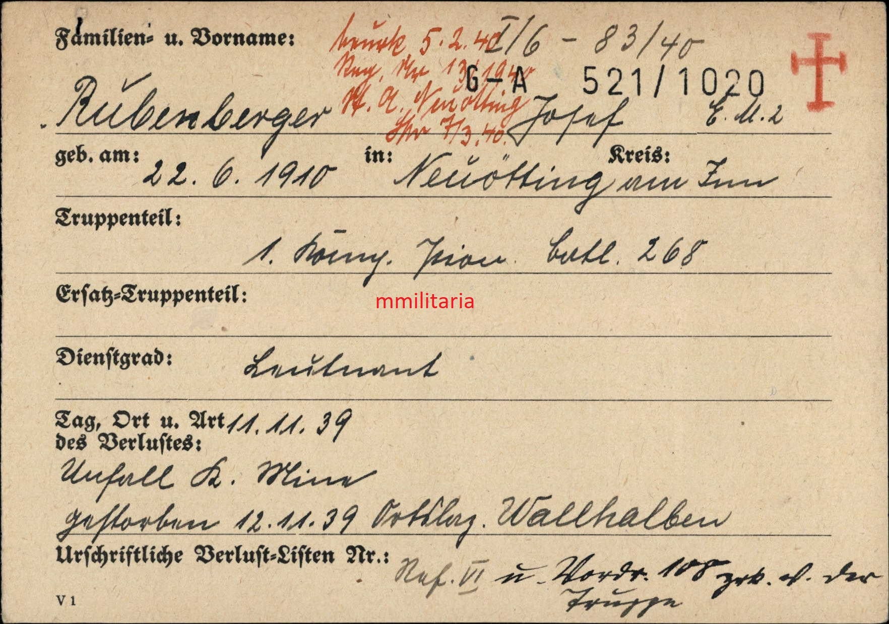 Sterbebild Leutnant 1. Komp. Pion. Batl. 268 Unfall durch Mine 1939 - www.mmilitaria.com