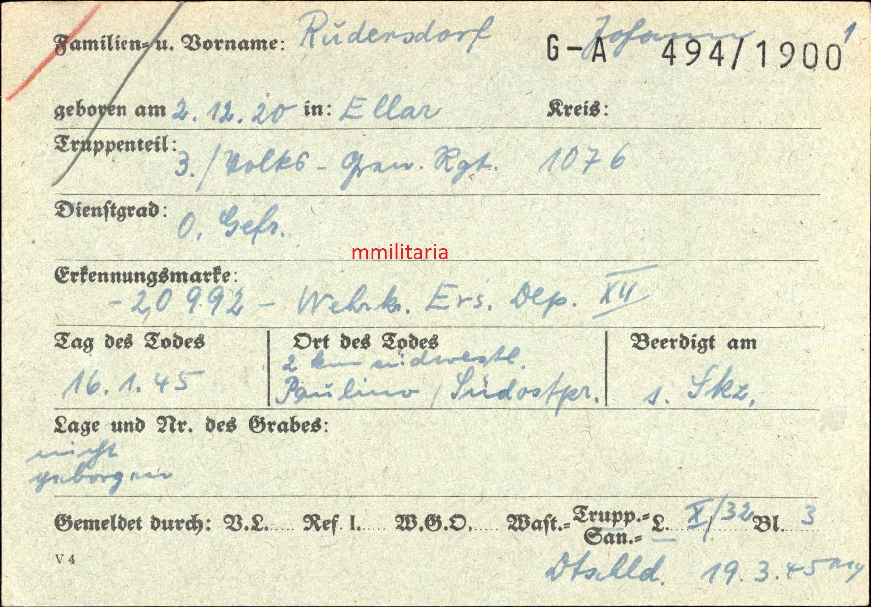 Sterbebild Obergefreiter Ellar 3. Volks-Gren. Regt. 1076 Endkampf Paulinowo Pulawy Polen - www.mmilitaria.com