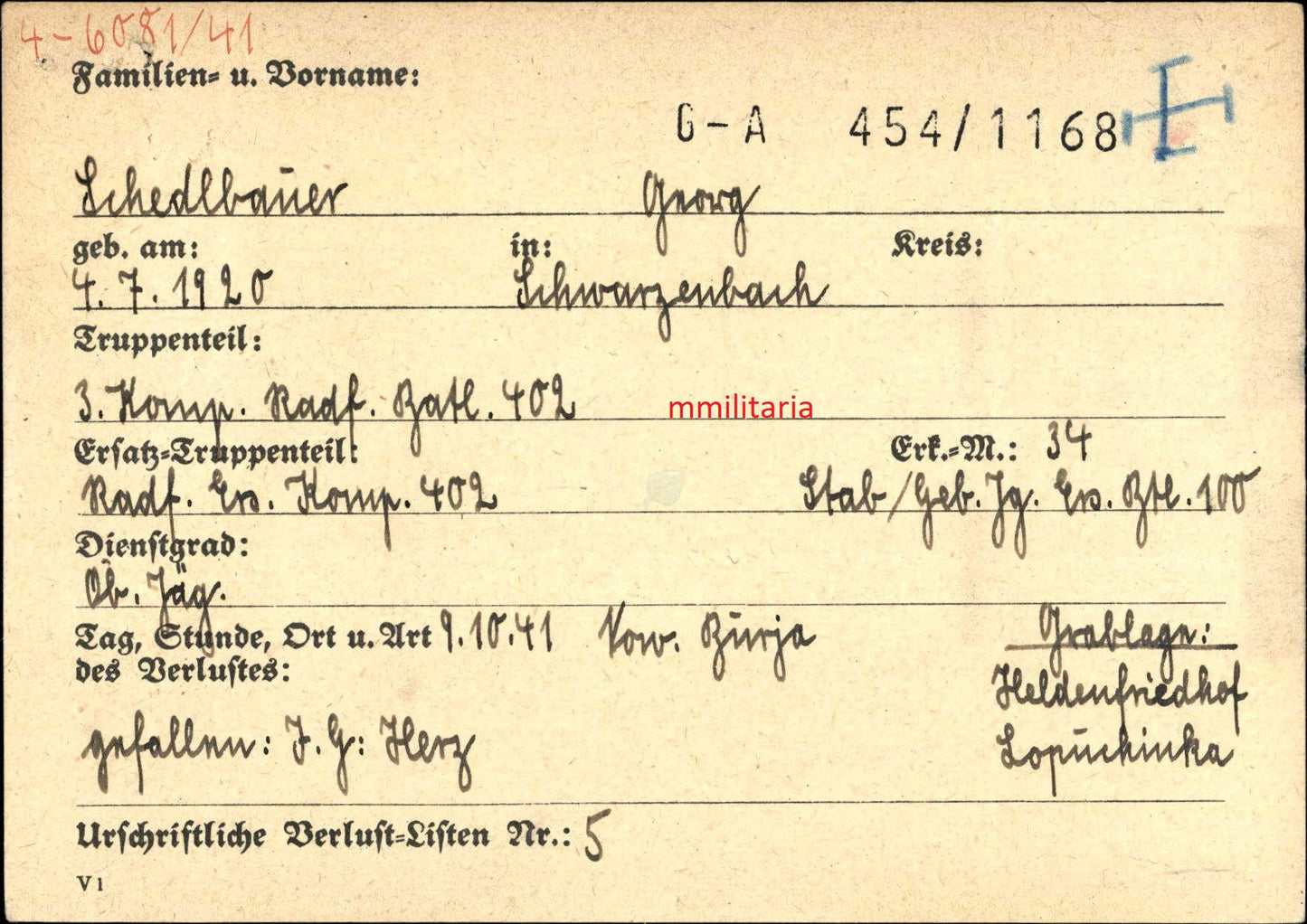 Sterbebild Oberjäger Lam 3. Komp. Radfahr Btl. 402 Vow. Burja Narwa Estland - www.mmilitaria.com