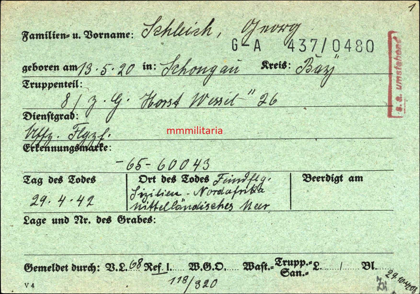 Sterbebild Unteroffizier Schongau 8. Zerstörergeschwader 26 "Horst Wessel" 8/ZG-26 Bf 110 Feindflug Mittelmeer Sizilien Italien - www.mmilitaria.com