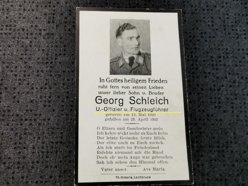 Sterbebild Unteroffizier Schongau 8. Zerstörergeschwader 26 "Horst Wessel" 8/ZG-26 Bf 110 Feindflug Mittelmeer Sizilien Italien - www.mmilitaria.com