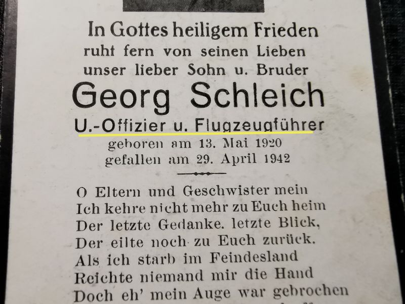Sterbebild Unteroffizier Schongau 8. Zerstörergeschwader 26 "Horst Wessel" 8/ZG-26 Bf 110 Feindflug Mittelmeer Sizilien Italien - www.mmilitaria.com