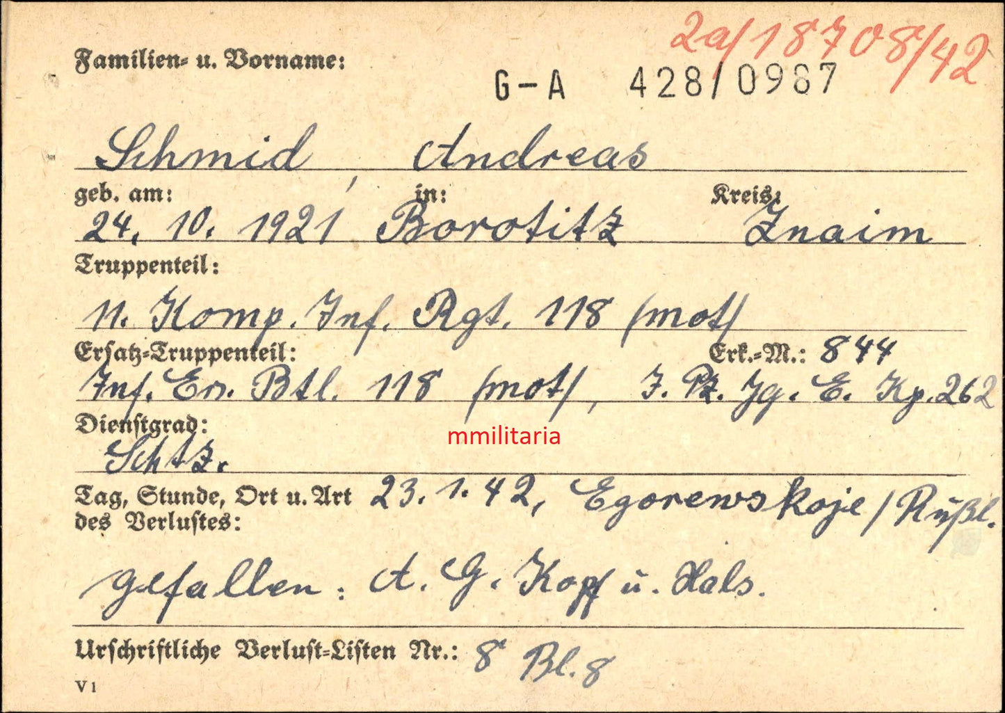 Sterbebild Gefreiter Borotitz 11. Komp. Inf. Regt118 (Mot) Sturmabzeichen Egorewskoje Russland - www.mmilitaria.com