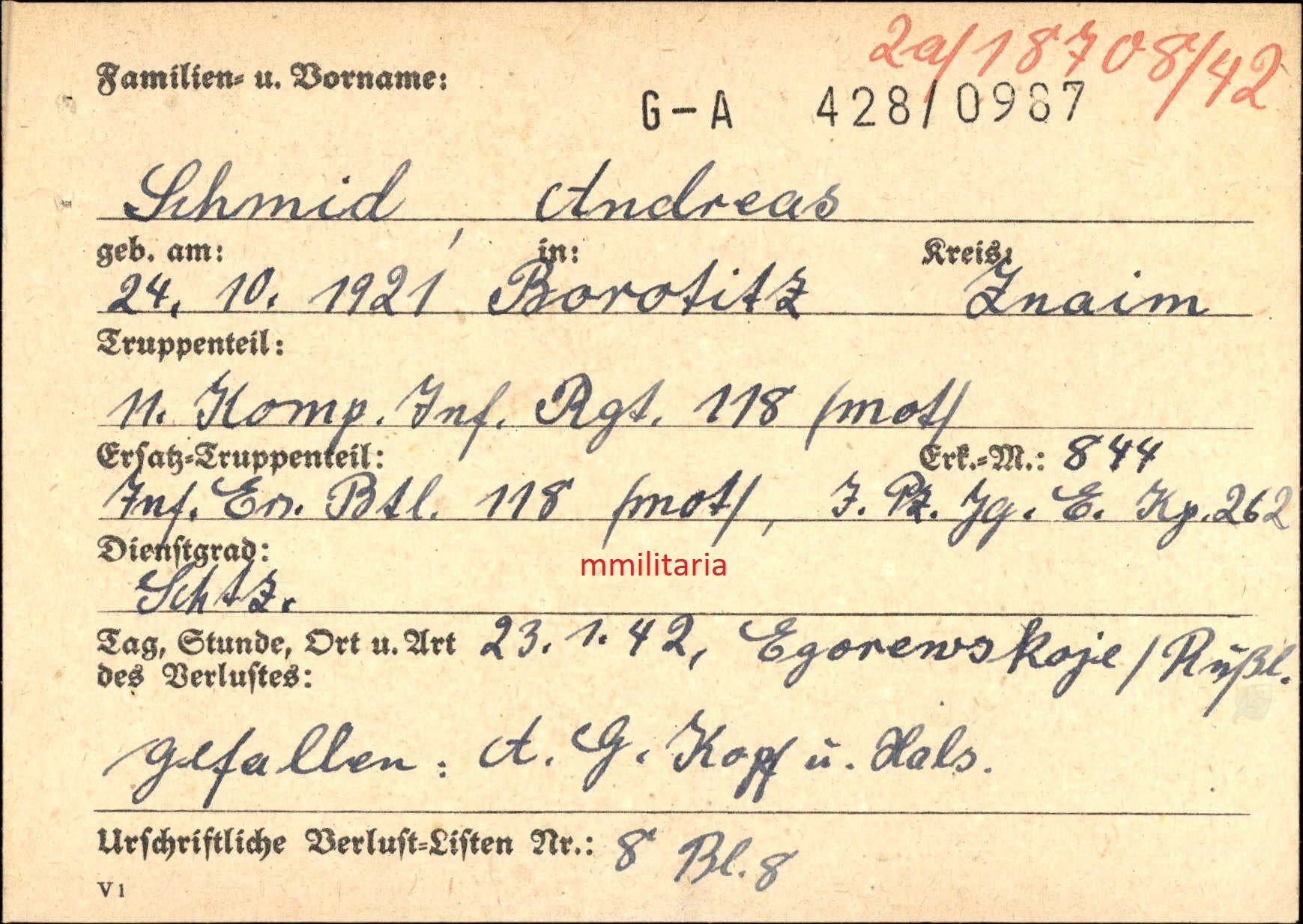Sterbebild Gefreiter Borotitz 11. Komp. Inf. Regt118 (Mot) Sturmabzeichen Egorewskoje Russland - www.mmilitaria.com