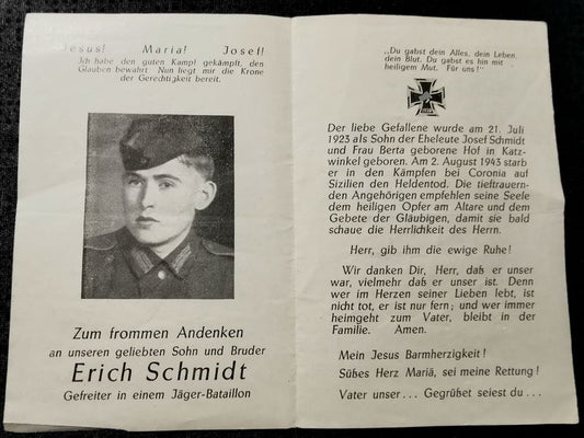 Sterbebild Gefreiter Katzwinkel Jäger Btl. Coronia Sizilien Motta St. Anastasia Italien - www.mmilitaria.com