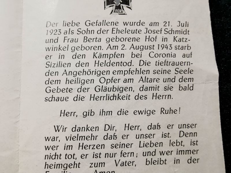 Sterbebild Gefreiter Katzwinkel Jäger Btl. Coronia Sizilien Motta St. Anastasia Italien - www.mmilitaria.com
