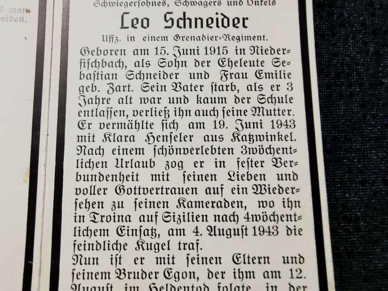 Sterbebild Unteroffizier Niederfischbach Grenadier Regt. Mte. Pellegrino Troina Motta St. Anastasia Italien - www.mmilitaria.com
