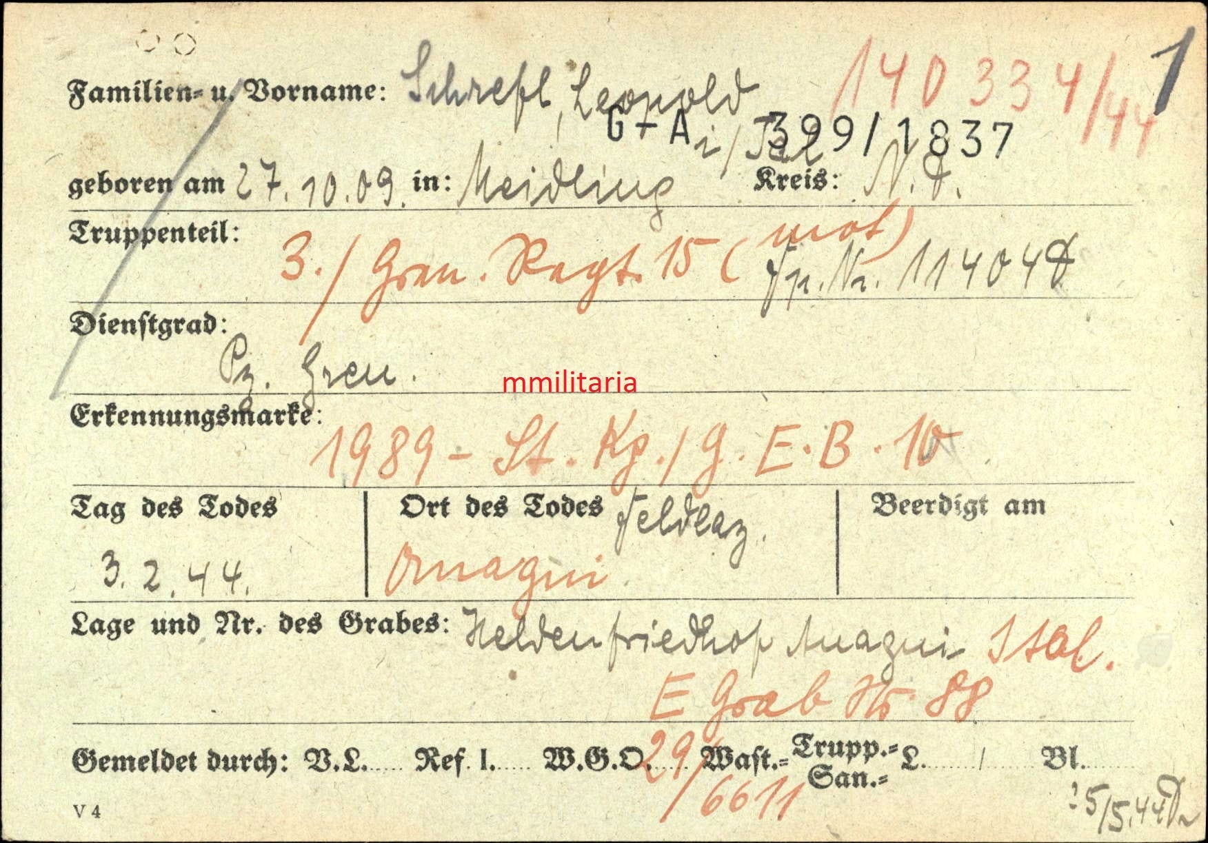 Sterbebild Panzergrenadier 3. Gren. Regt. 15 (Mot) Südfront Cassino Italien - www.mmilitaria.com